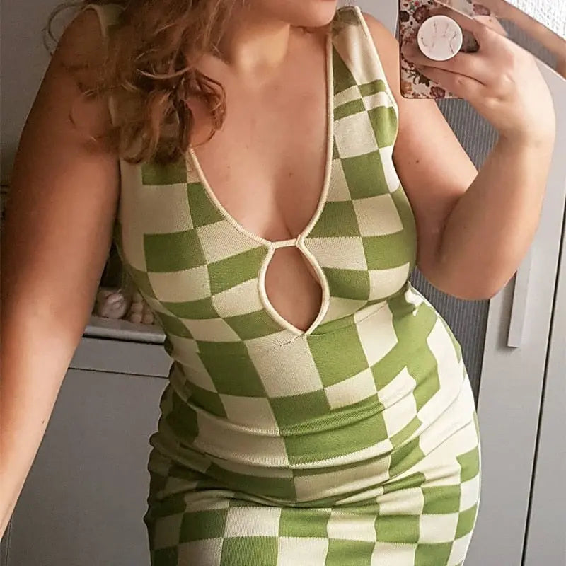 Knitted Sexy Bodycon Summer Women Dresses Backless Plaid Print Spaghetti Strap Hollow Out Vestidos nowadaysfashion
