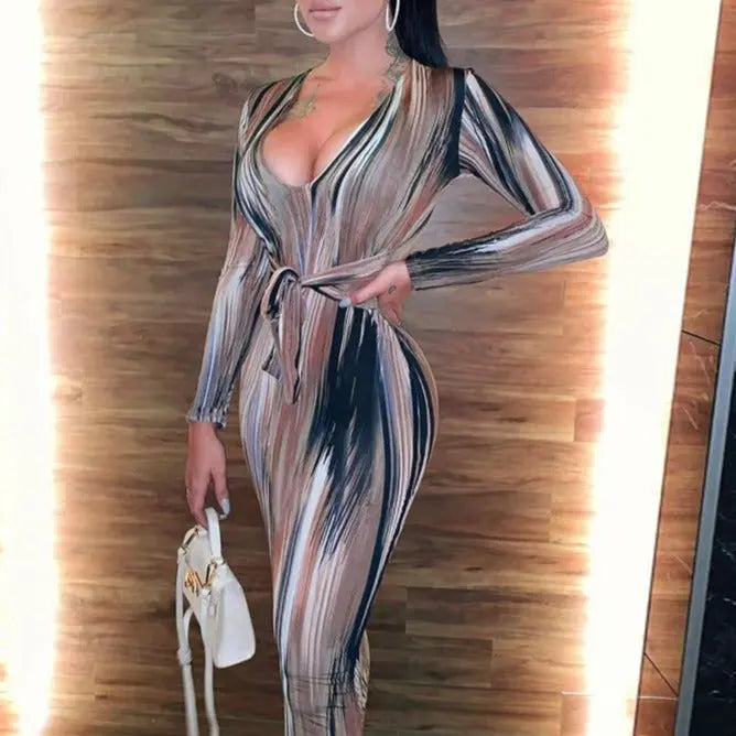 tie dye print women midi dress long sleeve bodycon sexy bandage bodycon nowadaysfashion