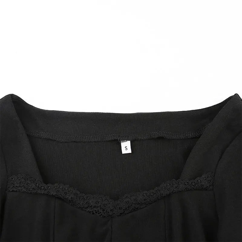 Square Neck Lace Patchwork Bodycon Black Dress Women Cotton Side Split Autumn Dress nowadaysfashion