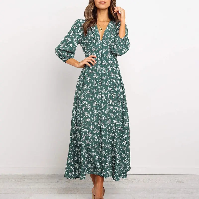Women Chiffon Long Dress Floral Print Lantern Sleeve A-line Maxi Vestidos Vintage V Neck Dresses nowadaysfashion