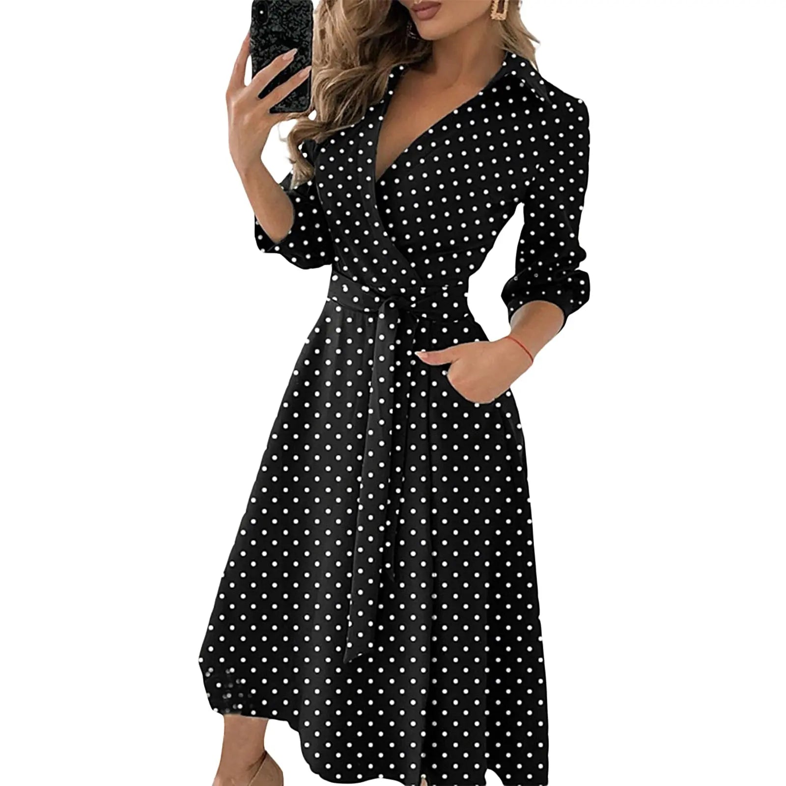 Spring Summer Lady Cover Up Women's Shirt Dress Wave Print Long Sleeve V-Neck Casual Dress Plus Size nowadaysfashion