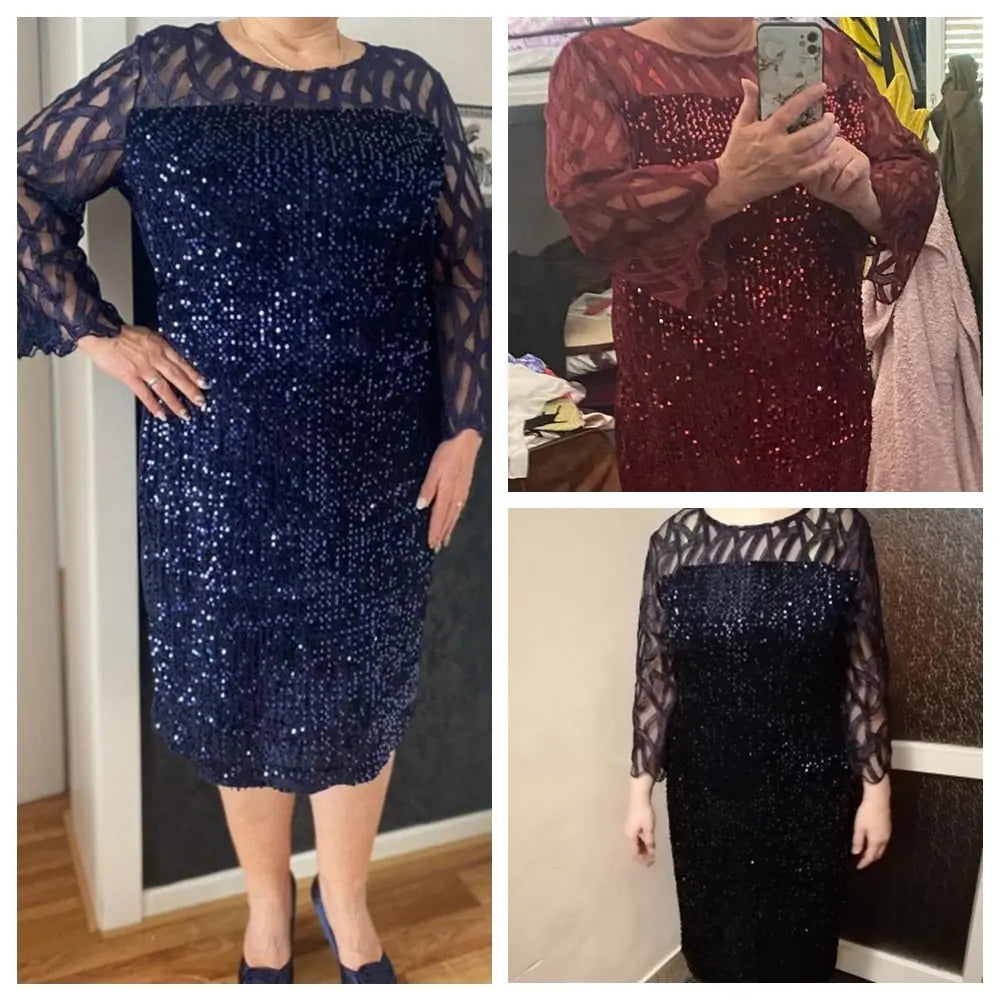 Elegant Sequin Evening Party Dresses 2022 Spring Mesh Patchwork Casual Midi Dress nowadaysfashion