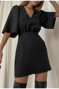 black short sleeve summer women dress 2022 Sexy V-neck solid High Street dress A-line mini Vestido nowadaysfashion