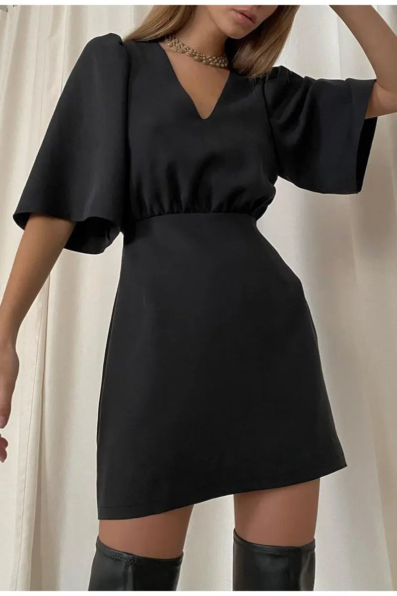 black short sleeve summer women dress 2022 Sexy V-neck solid High Street dress A-line mini Vestido nowadaysfashion