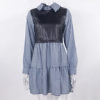 Long Sleeve Mini Shirt Dress For Women White 2022 Spring PU Leather Patchwork Plaid Dresses nowadaysfashion