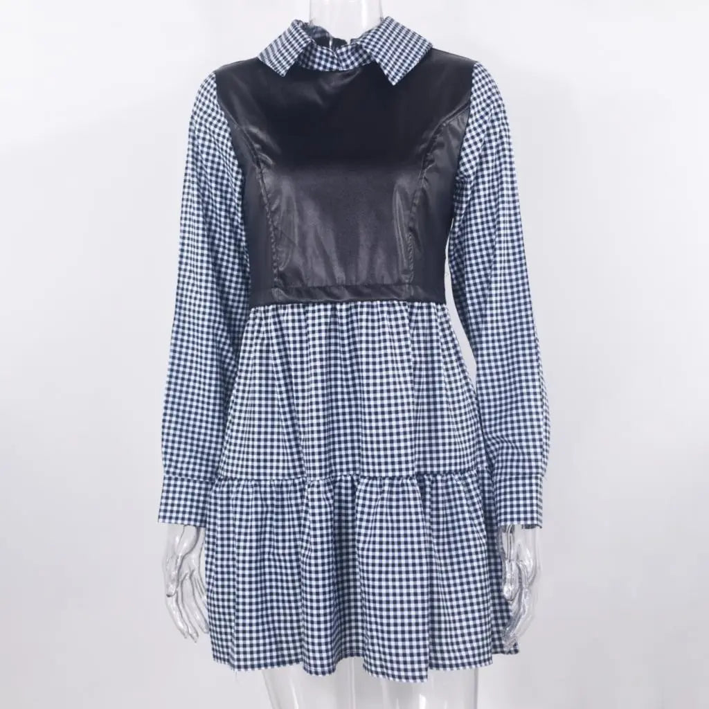 Long Sleeve Mini Shirt Dress For Women White 2022 Spring PU Leather Patchwork Plaid Dresses nowadaysfashion