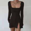 Square Neck Ribbed Black Dress Female Knitted Side Split Bodycon Dress Long Sleeve Mini Dresses nowadaysfashion