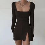 Square Neck Ribbed Black Dress Female Knitted Side Split Bodycon Dress Long Sleeve Mini Dresses nowadaysfashion