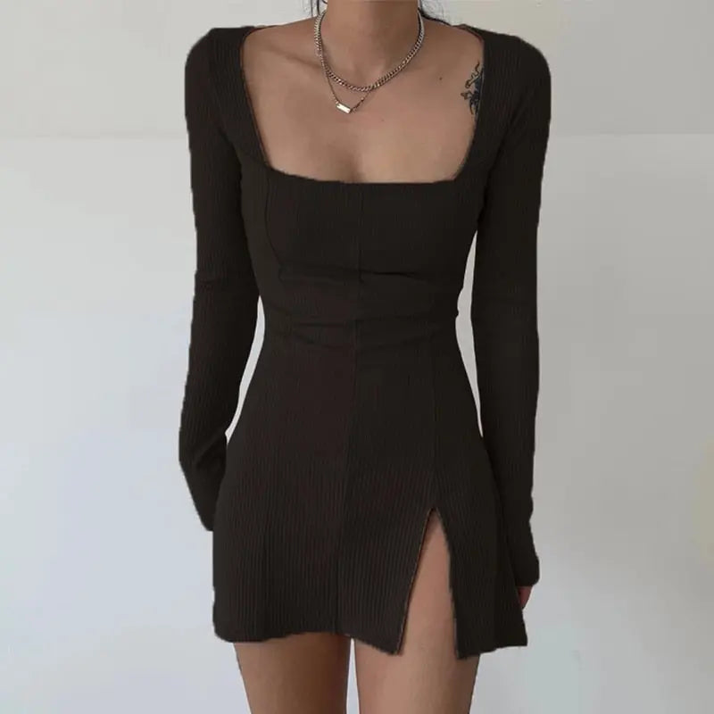Square Neck Ribbed Black Dress Female Knitted Side Split Bodycon Dress Long Sleeve Mini Dresses nowadaysfashion