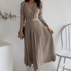 V-neck Single-breasted Women Thicken Sweater Dress Knitted Belted Female A-line soft dresses nowadaysfashion