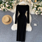 Strapless Ribbed Knitted Bodycon Dress Women Winter Long Sleeve Midi Sweater Dress nowadaysfashion