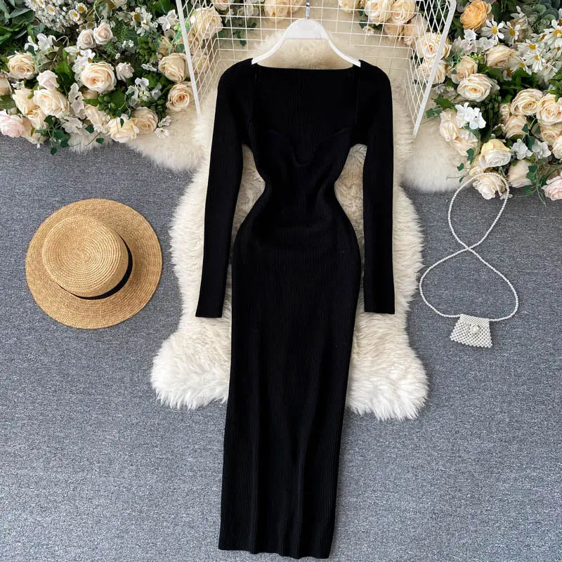 Strapless Ribbed Knitted Bodycon Dress Women Winter Long Sleeve Midi Sweater Dress nowadaysfashion