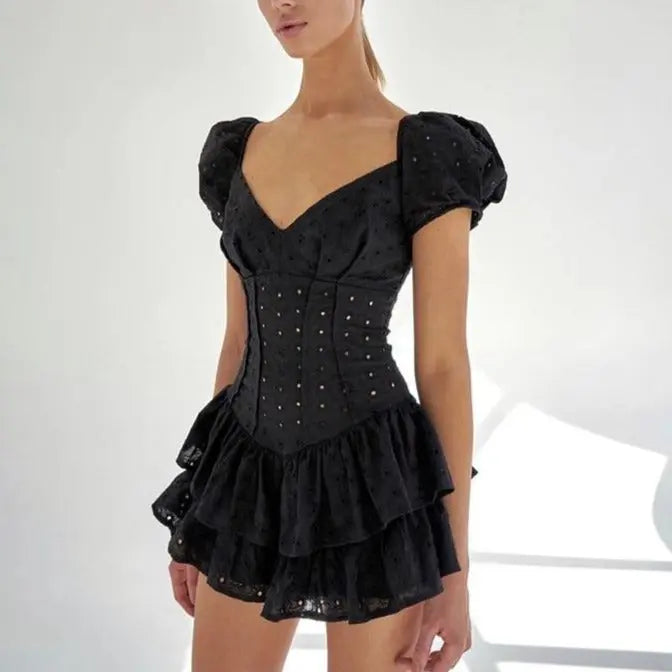 V Neck Ruffles Pleated Dress Women Puff Sleeve Chic Summer Dress Hollow Out Vintage Corset nowadaysfashion