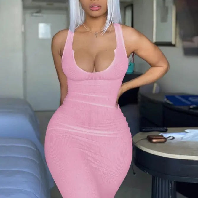 Ribbed Knitted Stripe Women Pure Sleeveless Midi Dress V Neck Bodycon Elegant 2022 Summer nowadaysfashion