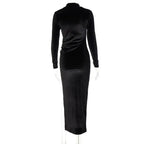 Women Velvet Long Sleeve Ruched Midi Dress Side Slit Bodycon Streetwear nowadaysfashion