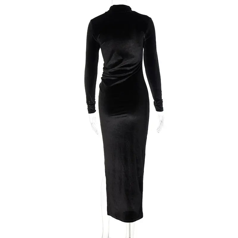 Women Velvet Long Sleeve Ruched Midi Dress Side Slit Bodycon Streetwear nowadaysfashion