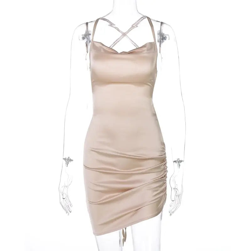 Satin Women Strap Mini Dress Ruched Lace Up Cross Bandage Backless Bodycon Sexy Party Elegant nowadaysfashion