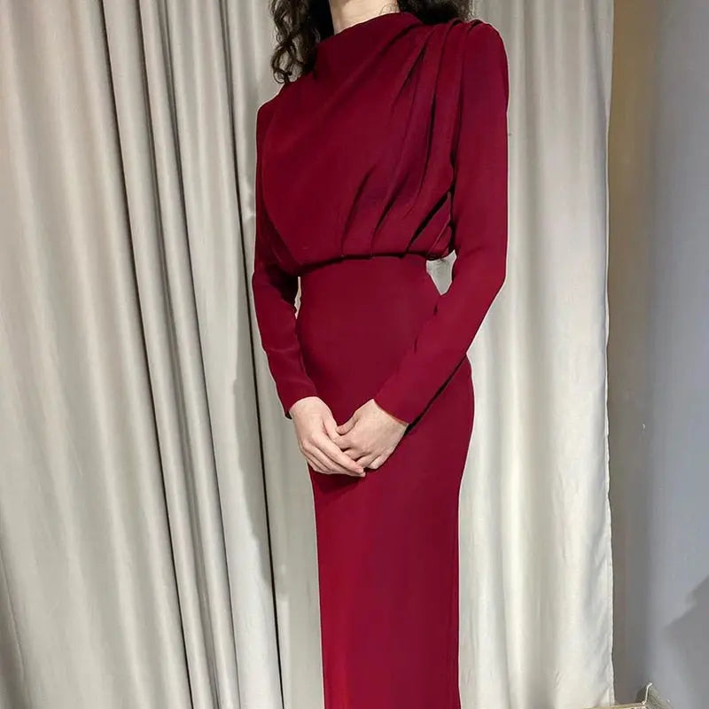 Elegant Women Dress Stand Collar Slim Waist Solid Ankle Length Autumn Long Sleeve Dress nowadaysfashion