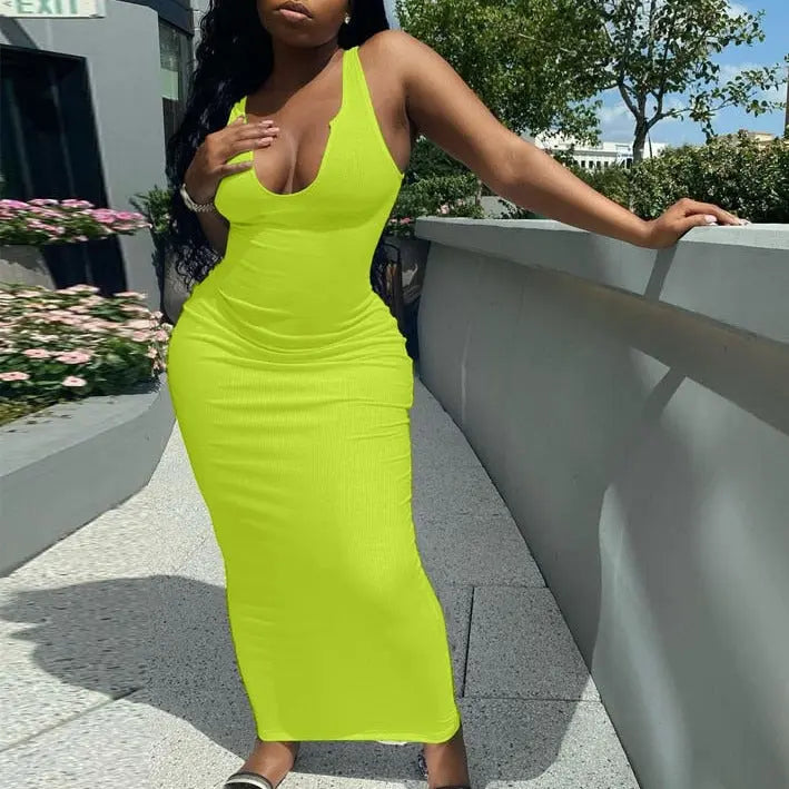 Ribbed Knitted Stripe Women Pure Sleeveless Midi Dress V Neck Bodycon Elegant 2022 Summer nowadaysfashion