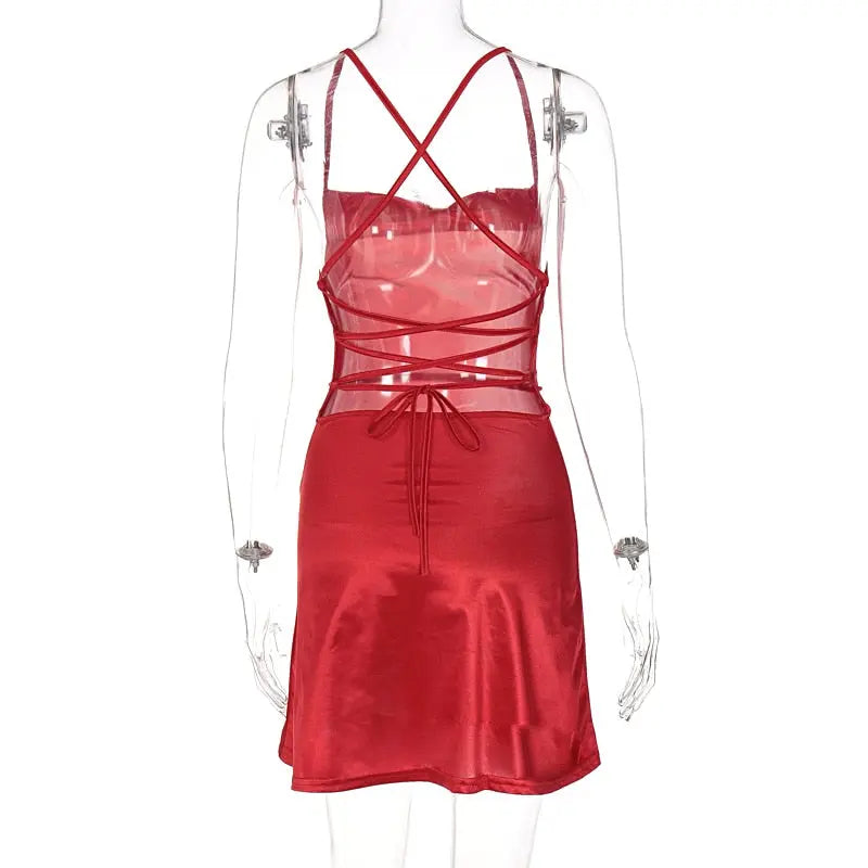 Women Satin Strap Mini Dress Lace Up Bandage Bodycon Backless Sexy Streetwear nowadaysfashion