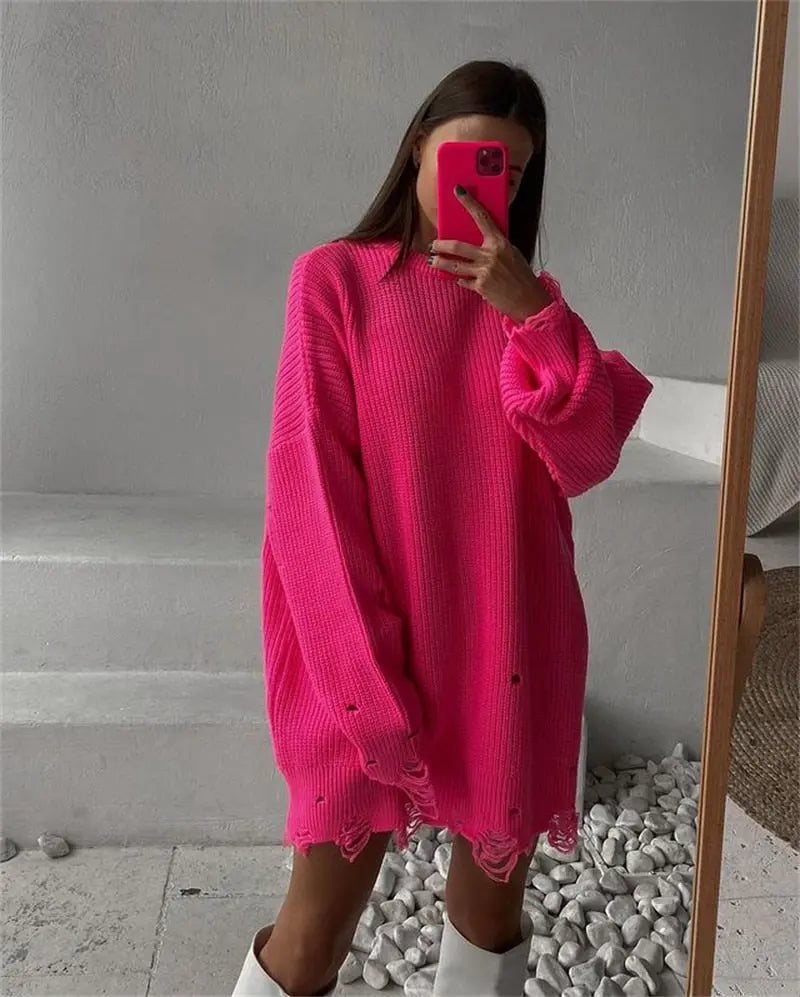 O Neck Oversized Mini Knitted Women Sweater Loose Dresses Autumn Winter Long Sleeve nowadaysfashion