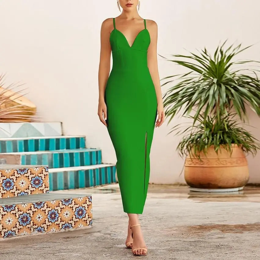 Summer Women White Bodycon Bandage Long Dresses Sexy V Neck Spaghetti Strap Evening nowadaysfashion