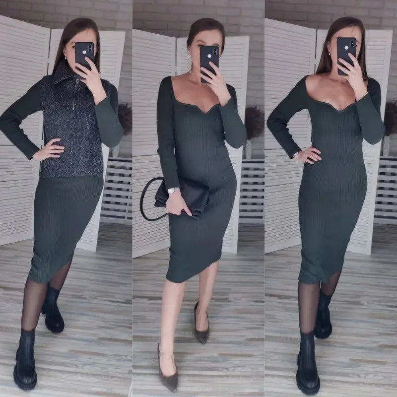 Strapless Ribbed Knitted Bodycon Dress Women Winter Long Sleeve Midi Sweater Dress nowadaysfashion