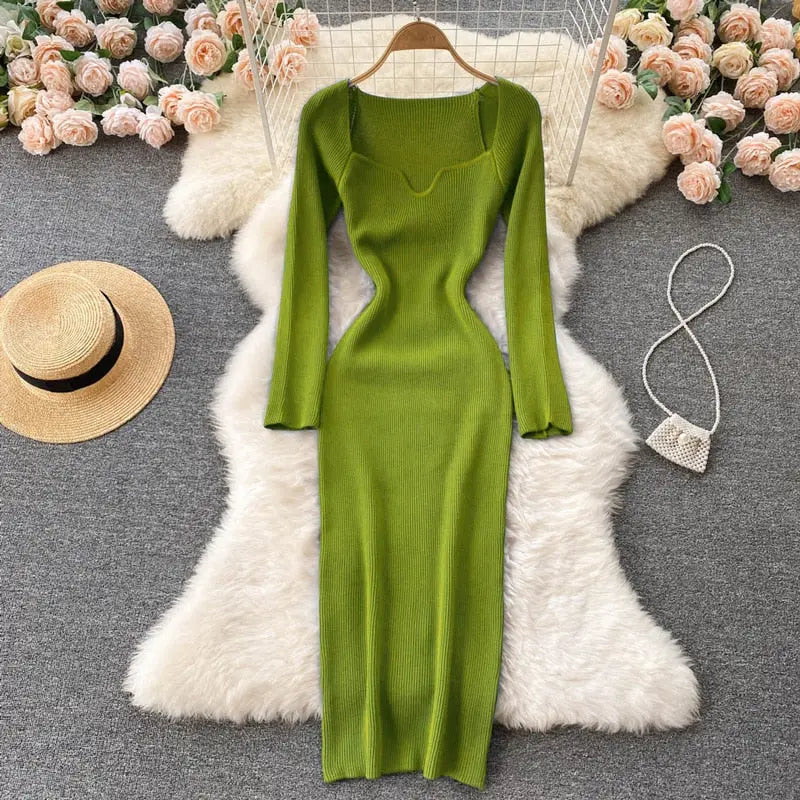 Strapless Ribbed Knitted Bodycon Dress Women Winter Long Sleeve Midi Sweater Dress nowadaysfashion