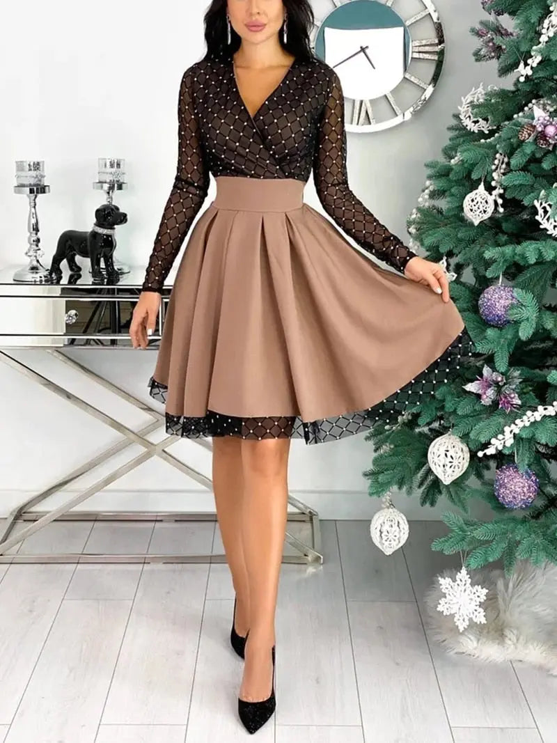 Shiny Sequin Diamond Mesh Stitching Dress Women Spring Autumn Sheer Long Sleeve Belted Slim A Line Dresses nowadaysfashion
