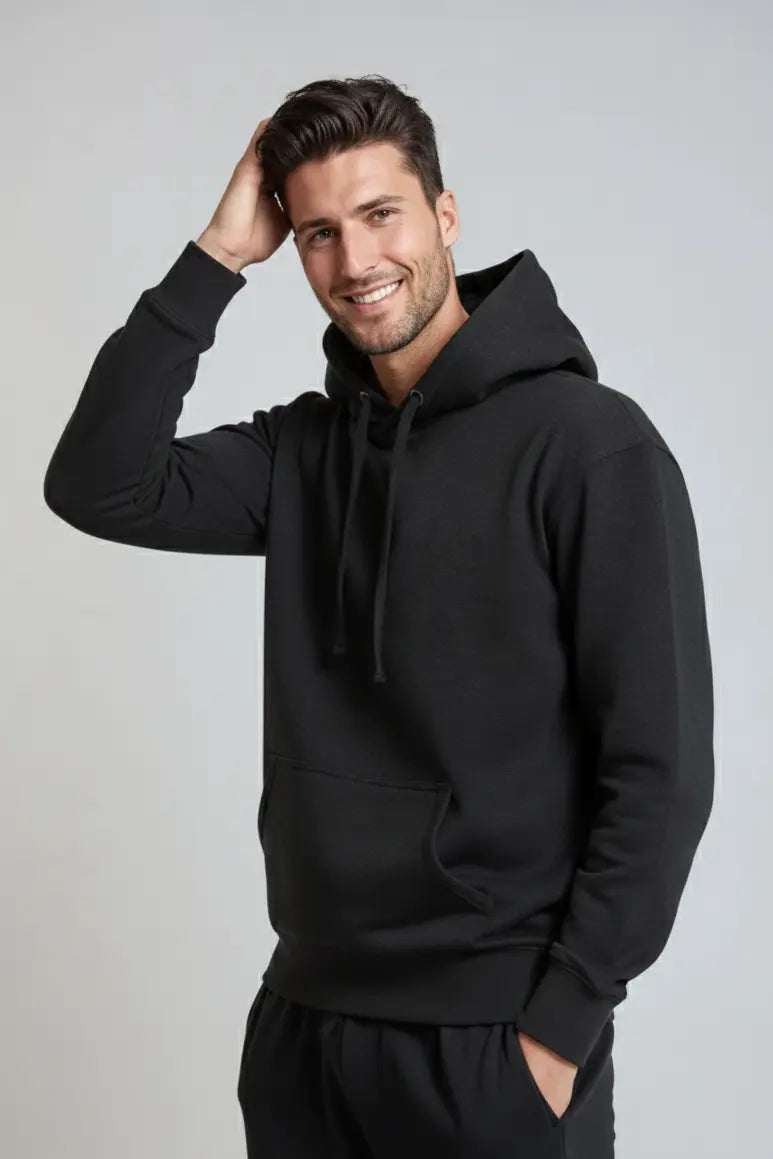 Men's midweight fleece hoodie pullover by SpectraUSA, showing front view with a cozy, casual fit and drawstring hood.