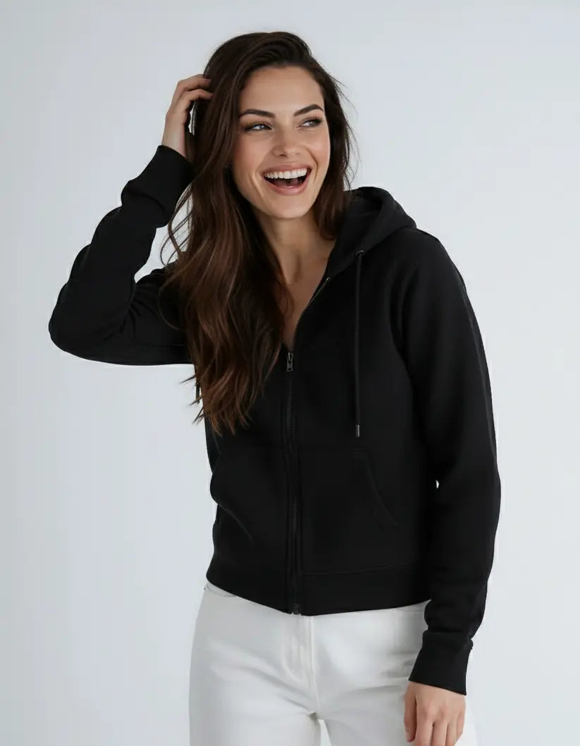 Women wearing SpectraUSA heavyweight fleece zip hoodie P2017, showcasing its cozy fit and front zipper detail.