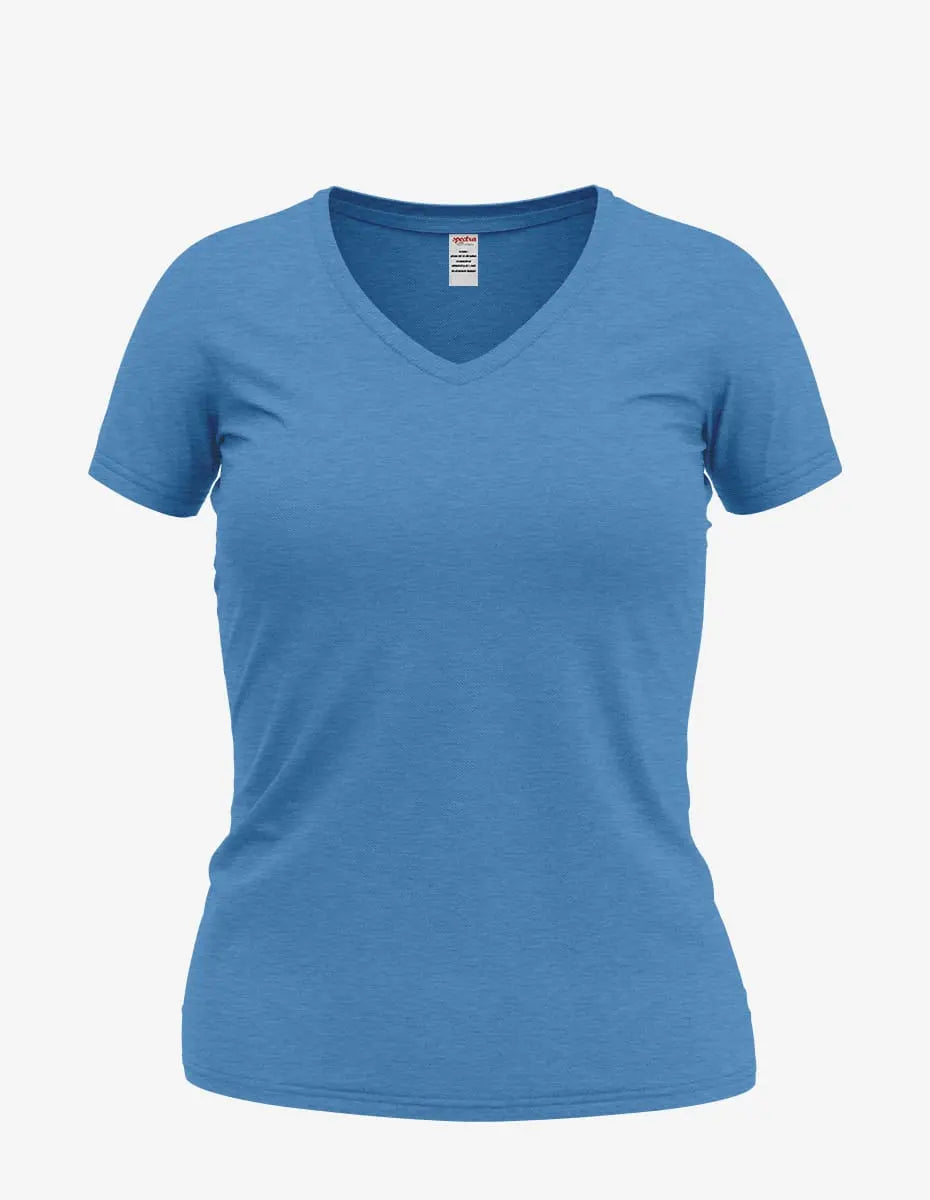 Light blue heather Wonder V-Neck women's top by SpectraUSA, front view showing soft fabric and classic V-neck design.
