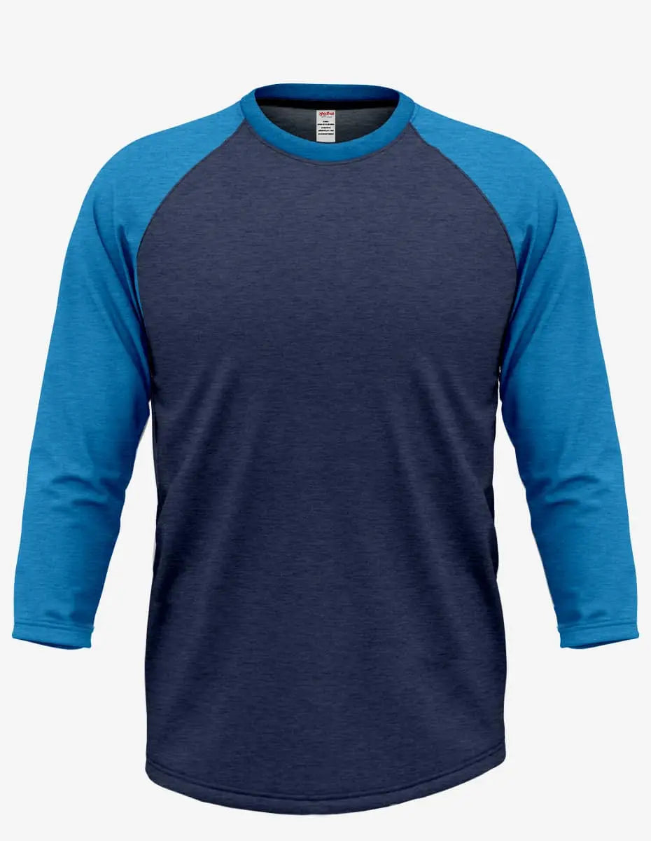 Men's navy and royal heather raglan shirt by SpectraUSA, showcasing the casual, comfortable fit and stylish color combination.