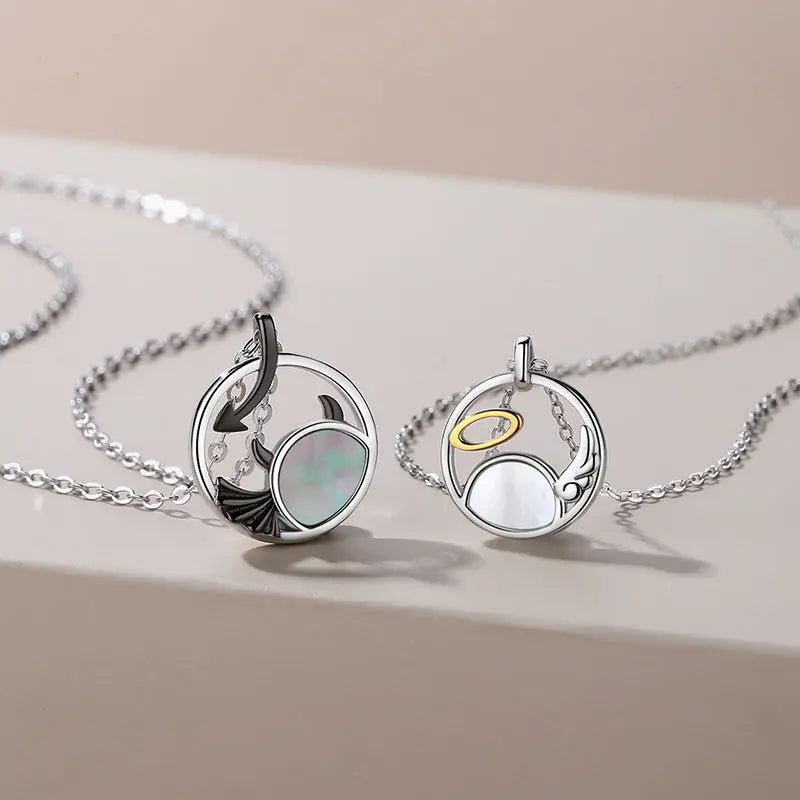 Pair of Devil and Angel matching Necklace Sterling Silver 2022 Cartoon Ring Hollow Couple Necklace Pendant nowadaysfashion