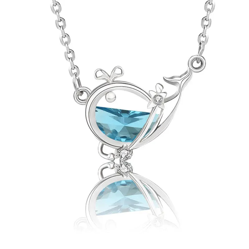 s925 Silver Sea Blue Half Moon Zircon Whale Necklace nowadaysfashion