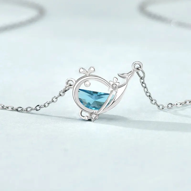 s925 Silver Sea Blue Half Moon Zircon Whale Necklace nowadaysfashion