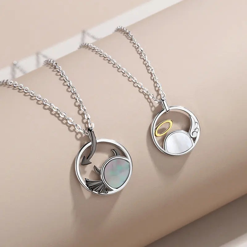 Pair of Devil and Angel matching Necklace Sterling Silver 2022 Cartoon Ring Hollow Couple Necklace Pendant nowadaysfashion