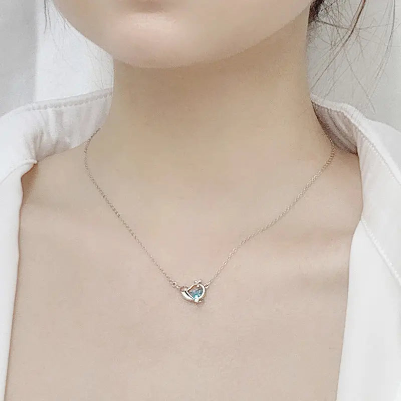 s925 Silver Sea Blue Half Moon Zircon Whale Necklace nowadaysfashion