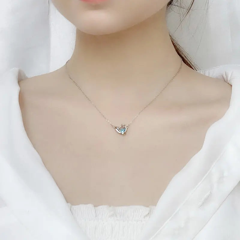 s925 Silver Sea Blue Half Moon Zircon Whale Necklace nowadaysfashion