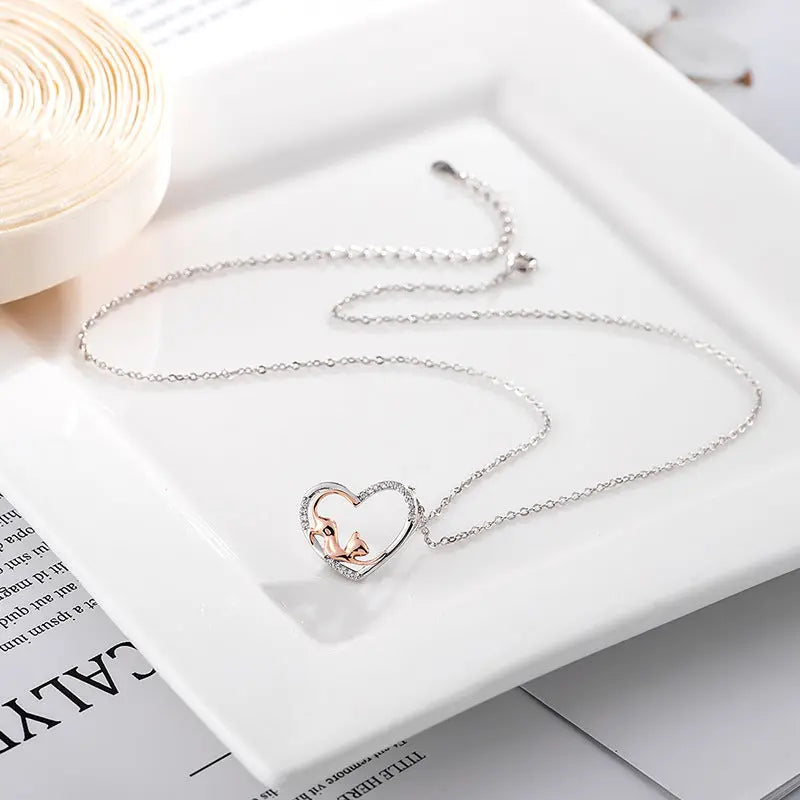 Sterling Silver Accessories Heart Shaped Cat Pendant Diamond Silver Necklace Women nowadaysfashion