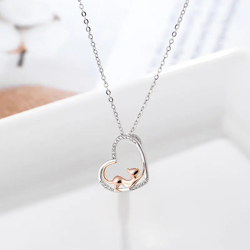 Sterling Silver Accessories Heart Shaped Cat Pendant Diamond Silver Necklace Women nowadaysfashion