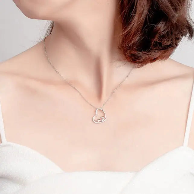 Sterling Silver Accessories Heart Shaped Cat Pendant Diamond Silver Necklace Women nowadaysfashion