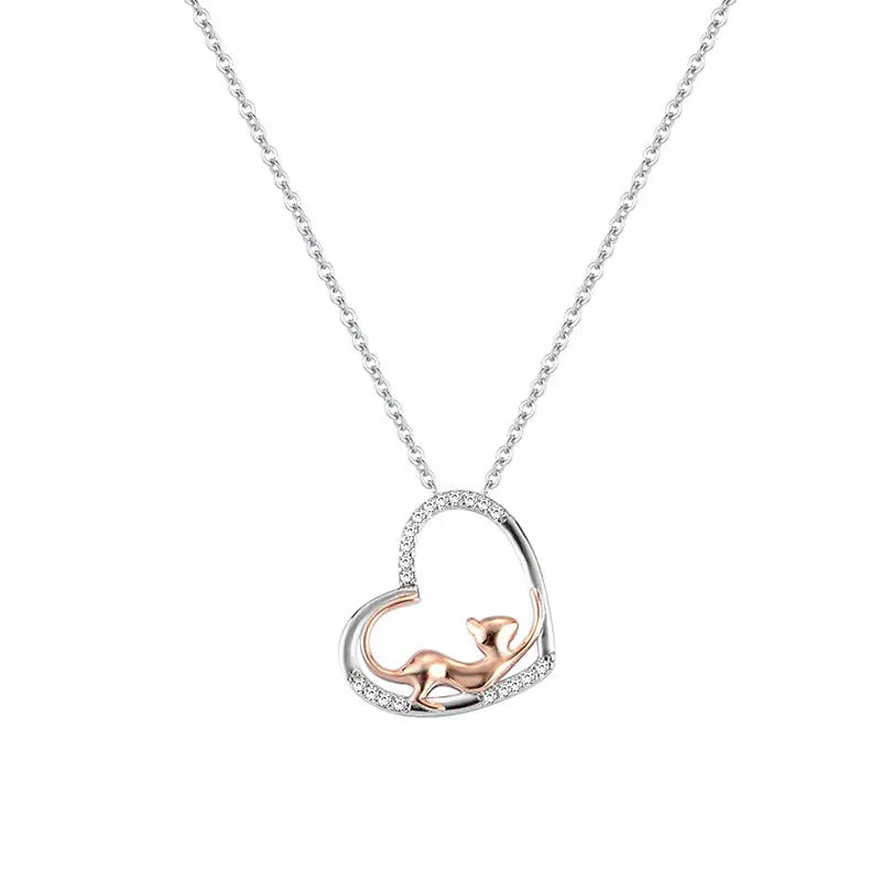 Sterling Silver Accessories Heart Shaped Cat Pendant Diamond Silver Necklace Women nowadaysfashion