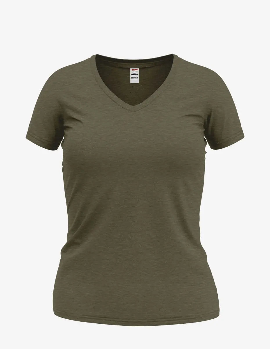 Olive Heather Wonder V-Neck women's top by SpectraUSA, front view showing soft fabric and V-neck design.