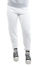White fleece jogger pants from SpectraUSA, style P2005, shown on a model with a relaxed fit and elastic waistband.