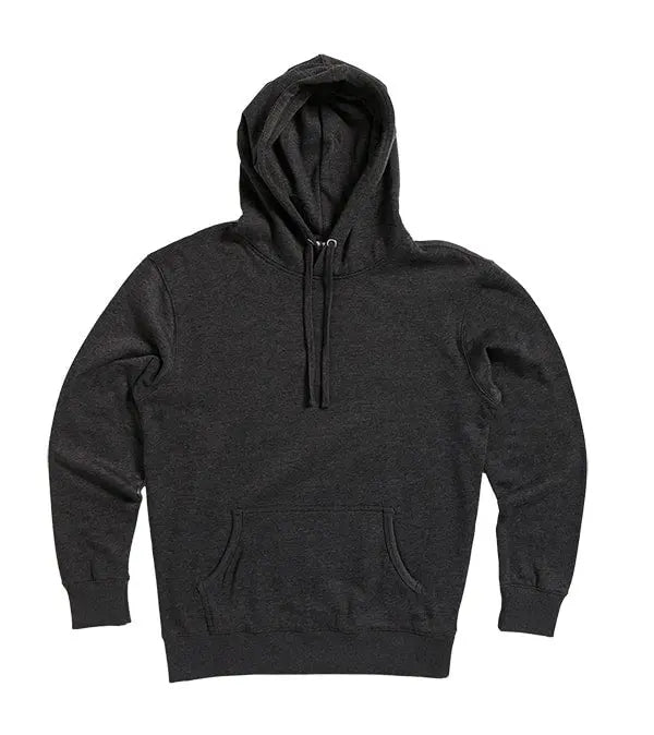 SpectraUSA charcoal heather fleece hoodie pullover, midweight, front view showing cozy, casual design and soft fabric.