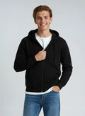 Unisex black zip hoodie made of midweight fleece by SpectraUSA, featuring a full front zipper and a casual, comfortable fit.