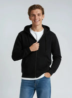 Unisex black zip hoodie made of midweight fleece by SpectraUSA, featuring a full front zipper and a casual, comfortable fit.