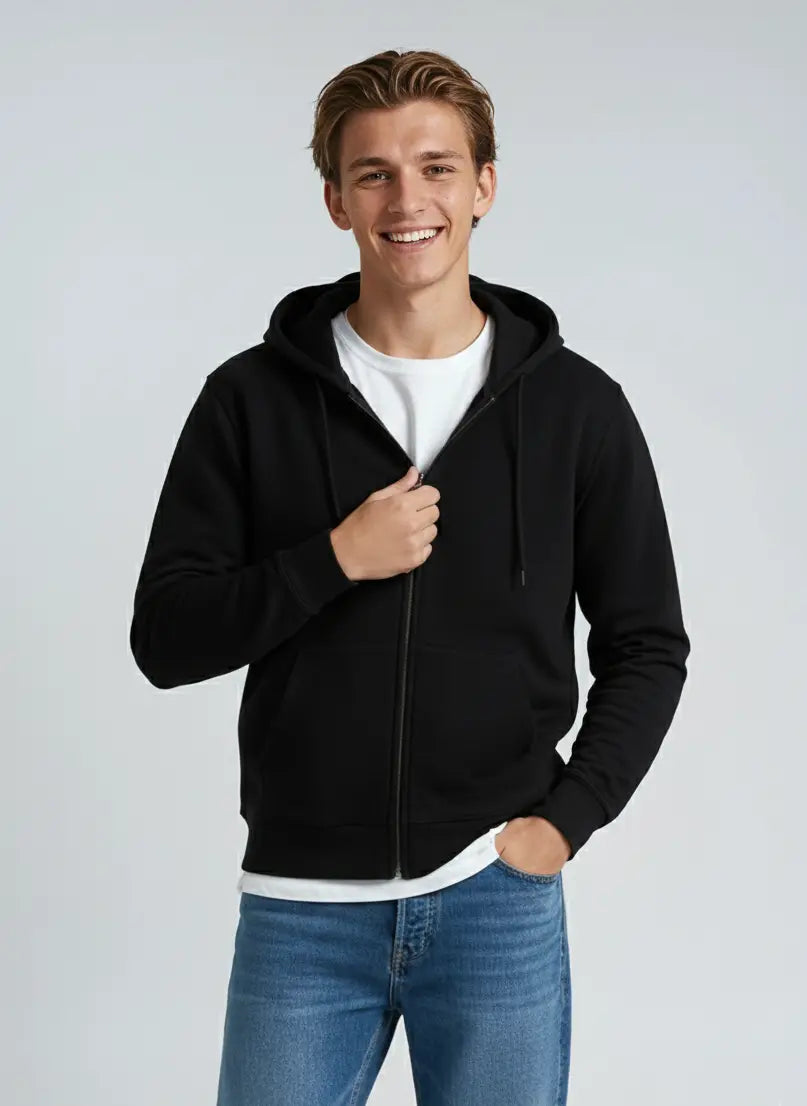 Unisex black zip hoodie made of midweight fleece by SpectraUSA, featuring a full front zipper and a casual, comfortable fit.