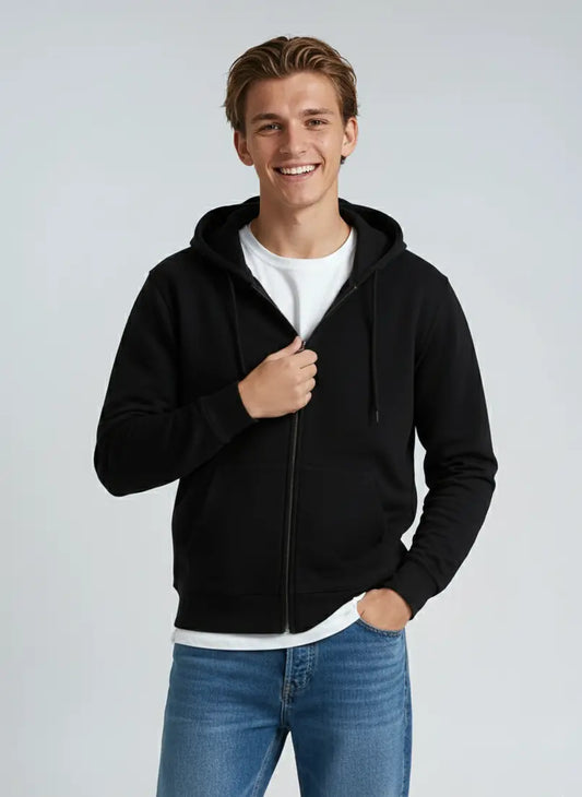 Unisex black zip hoodie made of midweight fleece by SpectraUSA, featuring a full front zipper and a casual, comfortable fit.